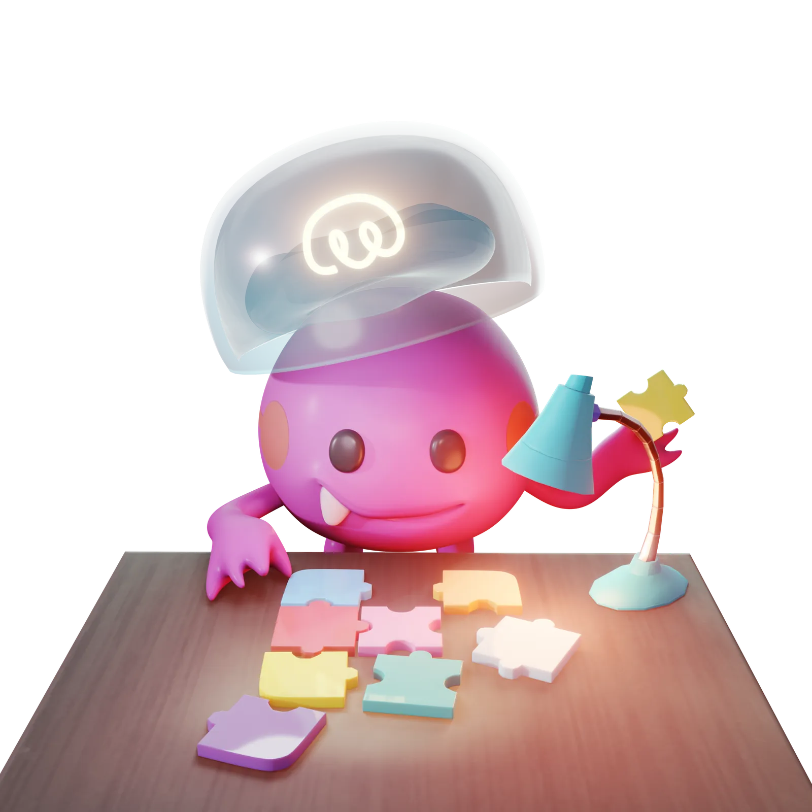 Personaje de Infinitus Mind armando un rompecabezas, símbolo del aprendizaje basado en juegos
